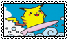 Am illustration of Pikachu surfing on a wave atop a pink surfboard